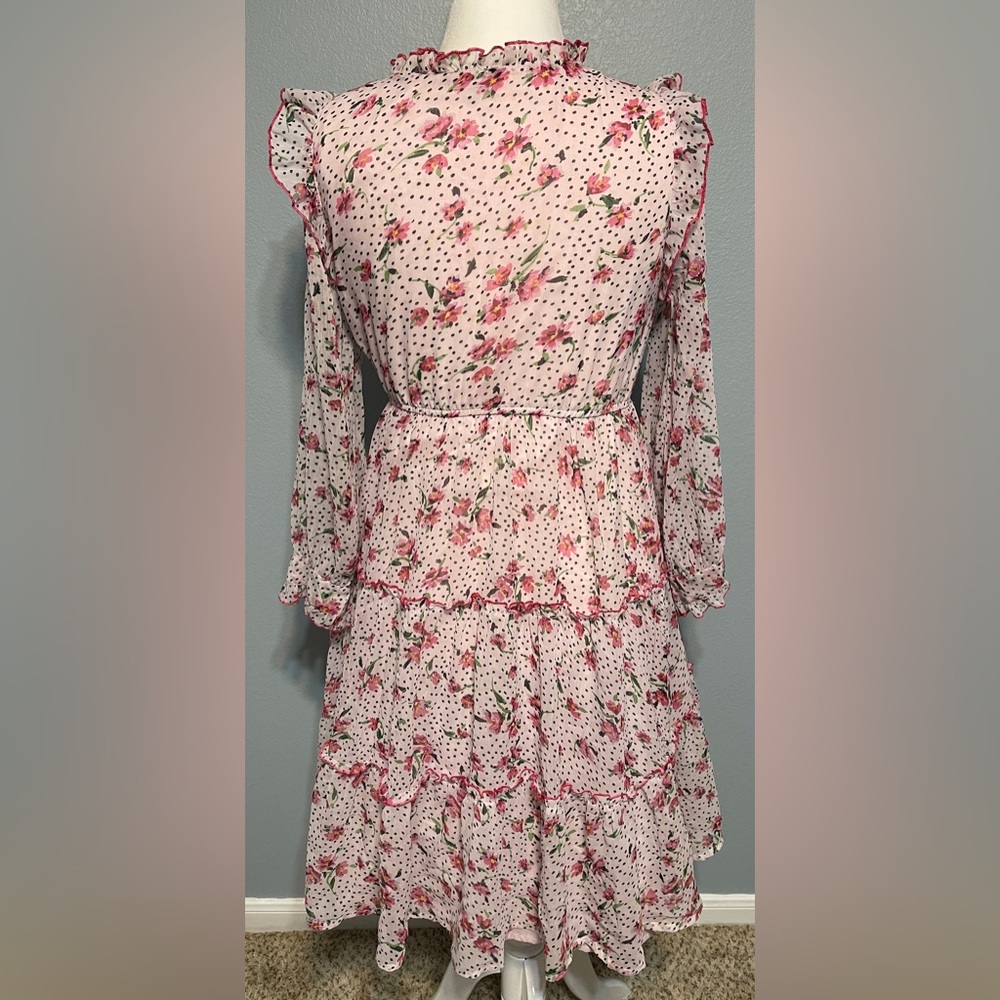 Antheaa Pink Floral Swiss Dot Midi Dress Ruffle Trim Tassel Tie Cottagecore XL - Picture 6 of 12